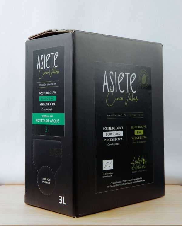 Aceite de Oliva Virgen Extra ecológico: Royeta de Asque. Caja de 6x3 litros.