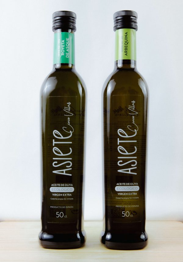 Aceite de Oliva Virgen Extra ecológico: Arbequina + Royeta de Asque. Botella de vidrio de 50cl