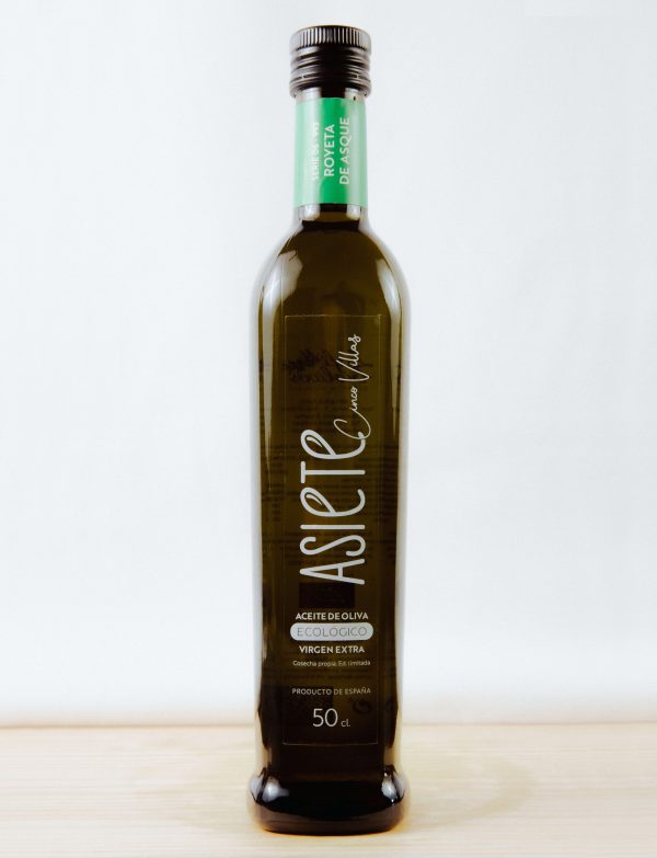 Aceite de Oliva Virgen Extra ecológico: Royeta de Asque. Botella de vidrio de 50cl.